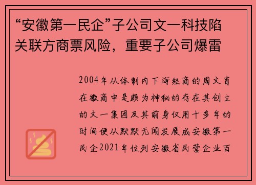 “安徽第一民企”子公司文一科技陷关联方商票风险，重要子公司爆雷